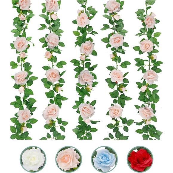 5Pcs 32.5FT Pink Flower Garland Fake Rose Vines Faux Artificial Floral Garland - Picture 1 of 7